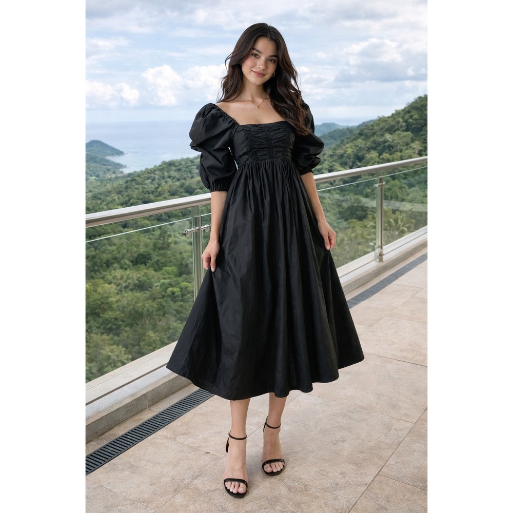 Ulla Johnson Black Cotton‎ Ruched Puff Sleeve Midi Dress Size 0 Square Neck